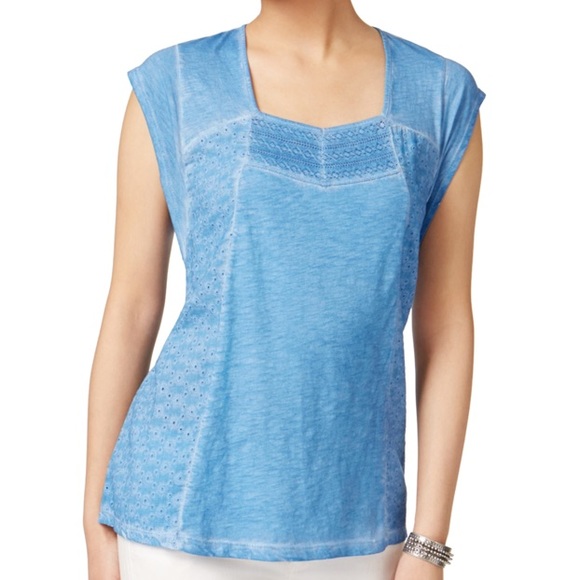 STYLE & CO Blue Space Dye Eyelet Detail Tee - Picture 1 of 9